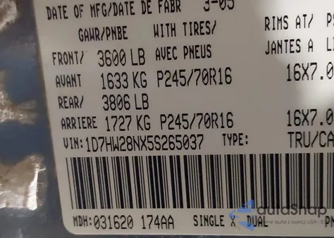 2005 Dodge Dakota St from USA, damaged, VIN 1D7HW28NX5S265037